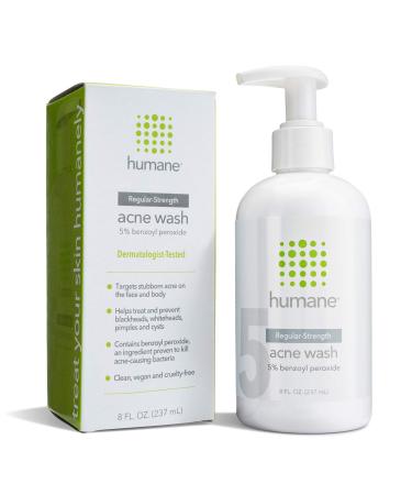 Humane Regular-Strength Acne Wash - 5% Benzoyl Peroxide Acne Treatment for Face, Skin, Butt, Back and Body - 8 Fl Oz - Dermatologist-Tested Non-Foaming Cleanser - Vegan, Cruelty-Free