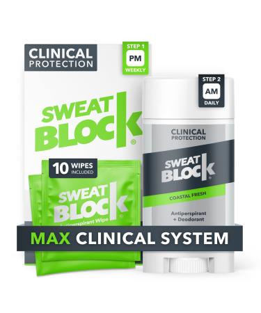 SweatBlock Antiperspirant Deodorant Max Clinical System for Men & Women. Treat Hyperhidrosis, Excessive Sweating & Underarm Odor - DRIBOOST [PM] Antiperspirant Wipes + [AM] Daily Clinical Deodorant Stick (10 Wipes + 1 Clin…