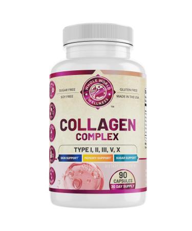 WHOLE WORLD WELLNESS Collagen Complex Supplement | Supports Skin Hair & Nails, Energy & Memory | Non-GMO, Gluten Free, Dairy Free | 90 Capsules | Made in The USA.