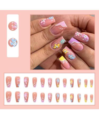 Justotry 24 Pieces Coffin Nails - Pink French Press On Ballerina Artificial Nails with Flower Designs for Women - Buy Online on GoSupps.com