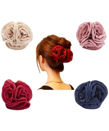 4 Pack Large Butterfly Octopus Ribbon Silk Chiffon Rose Flower Large Bows Plastic Hair Claw Clips Jaw Barrettes Grips Clamps Clasps Pins Decorative Buns Twist Hair Up Fancy Accessories for Women Girl