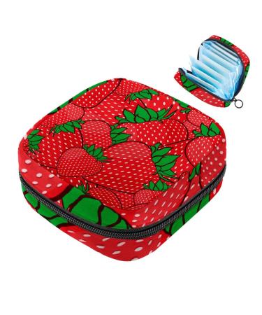 Menstruation pad bag with zipper women's napkin bag tampons collective bags for women and girls (red strawberry pattern)