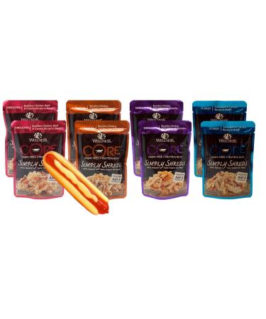 Wellness Core Simply Shreds Grain Free Dog Topper 4 Flavor 8 Pouch Variety | 2 each: Chicken Salmon Pumpkin, Liver Broccoli, Beef Carrots, Tuna Beef (2.8 Ounces) | Plus Toy Bundle