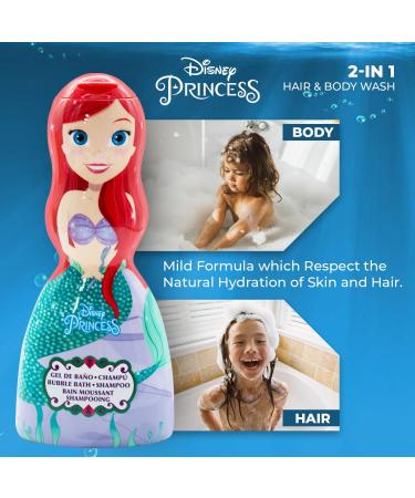 Disney Princess Ariel the Little Mermaid Kids Bath Time Gift Set for Girls - 2 in 1 Hair and Body Wash in 3D Mermaid Bottle Hair Clips and Soft Sponge - Fun Magical and Complete Bath Set for Kids - Buy Online on GoSupps.com