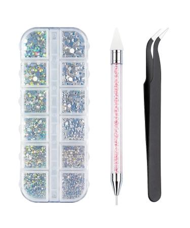 Rhinestones 1500 Pieces Flat Back Gems Crystal AB Rhinestones Nail Art Gems and Rhinestones for Nails/Clothes/Face/Craft with Pick Up Tweezer and Rhinestone Picker Dotting Pen 6 Sizes