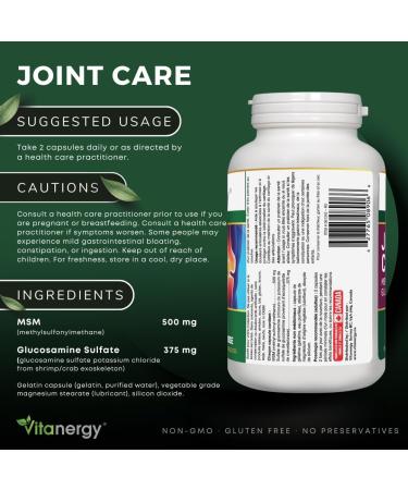 Vitanergy Joint Pain Relief - High Potency MSM & Glucosamine Supplement - Arthritis Relief Formula - 180 Capsules - Non-GMO Dairy-Free Clean Ingredients - Made in Canada - 1.5 Month Supply - Buy Online on GoSupps.com