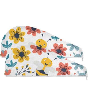 Lovely Bees Flowers Hair Towel 2 Pack - Super Absorbent Quick Dry Turbans for Women & Girls - Buy Online on GoSupps.com