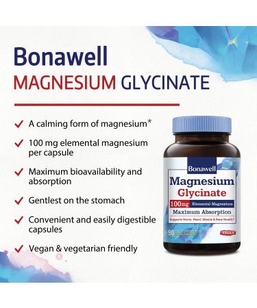 Bonawell Magnesium Glycinate Chelated Supplement - 100mg Elemental Magnesium - Gluten-Free Vegan Capsules for Nerve, Heart, Muscle Health & Relaxation - Buy Online on GoSupps.com