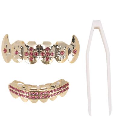 Teeth hip hop teeth decoration Cold coated copper teeth set gold teeth broken braces set grillz braces hip hop grills for mouth upper and lower teeth (pink)