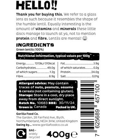 Gorilla Food Co. Green Lentils Whole Dried - 400g - Buy Online on GoSupps.com