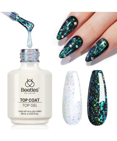 beetles Gel Polish 15ML Reflective Glitter Gel Polish No Wipe Top Coat Glitter Gel Polish Iridescent Glossy Shiny Gel Nail Polish Sparkle Soak Off UV Led Nail Manicure DIY Home Salon
