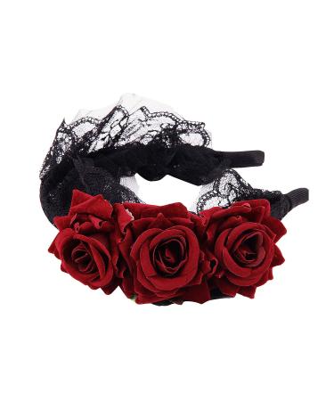 Flower Crown Headband Rose Headdress for Girls Ladies Women Floral Headwear Festival Maid Gothic Headband Black Lace Hair Hoop for Halloween Costume Accessory Cosplay Festival Vintage Fancy Decor