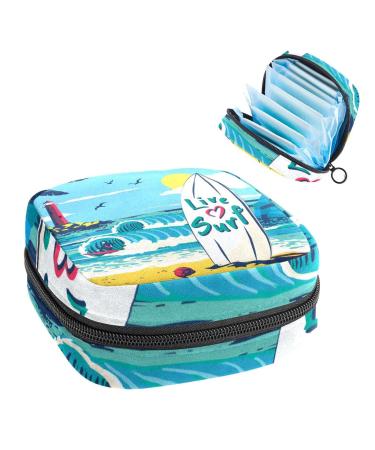 Anna Cowper Surfboard Beach Pattern Sanitary Napkin Storage Bag Feminine Menstrual Cup Pouches Nursing Pad Holder Tampon Bags Portable Period Bag for Women Teen Girls 1Pcs Multi-colored 18