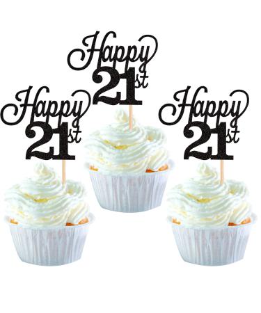 Pack of 24 21 Cupcake Toppers Glitter Happy 21st Birthday Cake Toppers Number 21 Eightteen Sweet 21 Birthday Wedding Anniversary Party Cake Decorations Accessories Black 21st-schwarz