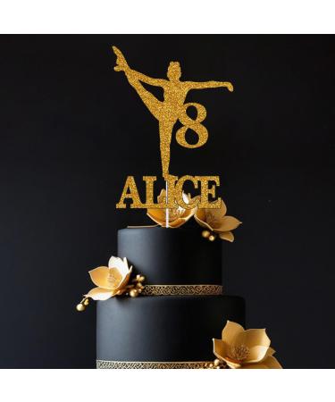 Trimming Shop Personalised Gymnastic Girl Design Gold Glitter Cake Topper Customise with Any Name & Any Age Gymnast Cake Pick for Gymnastics Theme Cake Decoration Party Supplies