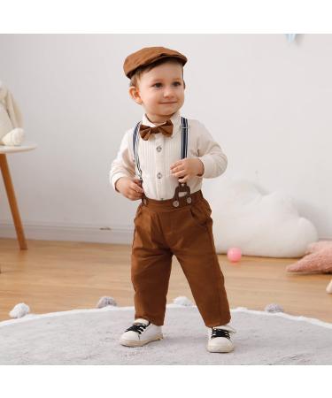 ZOEREA Baby Boy Gentleman Outfit Set | Romper Jumpsuit, Bow Tie, Suspender Pants | 3-6 Months Beige - Buy Online on GoSupps.com