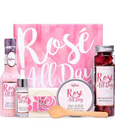 Spa Gifts for Women, Bath Gift Set with Rose Gift Baskets for Women, Spa Kit from Essential Rose Oil,Bath Salt,Salt Scrub,Soap, Natural Petals,Mother's Day Gift Box for Her, BFFLOVE 6Pc Dried Floral