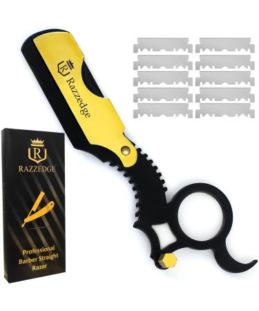 Professional Straight Razor Shaving Razors for Men Beard Cut Throat Black Gold Finger Barber Razor with 10 Single Edge Shaving Blades