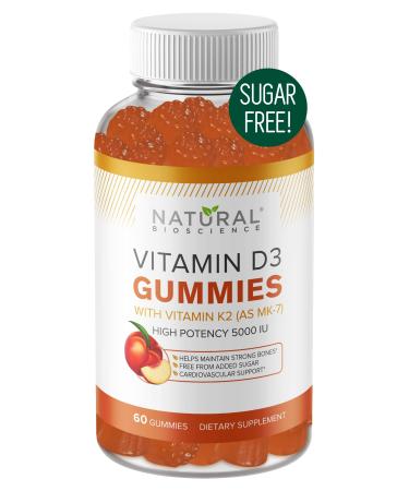 Sugar Free Vitamin D3 K2 Gummies - Vitamin D3 Gummies 5000 IU+K2 MK7 80 mcg K2 D3 Vitamin Supplement Adults Vitamin D K2 for Bones Immune Heart Mood Kosher Halal Gluten-Free Non-GMO 60 Count 60.0 Servings (Pack of 1)