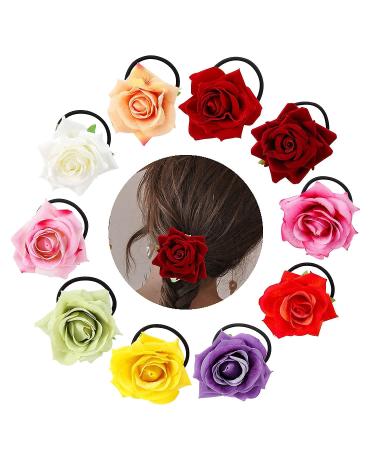 10 Pack Colorful Handmade Rose Flower Hair Bow Wreath Garland Elastic Hair Ties for Women - Perfect for Wedding and Bridal Party Hairstyles - Buy Online on GoSupps.com