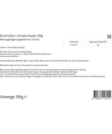 Doctor's Best L-Citrulline Powder - High Dose 200g Vegan Amino Acid Supplement - Buy Online on GoSupps.com