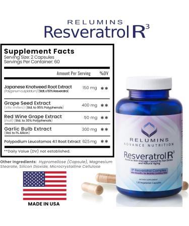 Relumins Resveratrol 600mg Supplement High-Potency Antioxidant with Grape Seed & Red Wine Extract Supports Skin Heart Health & Immune System 120 Vegan Capsules - Buy Online on GoSupps.com
