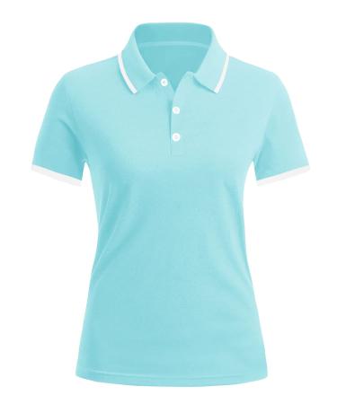 LUYAA Polo Shirts for Women Golf Shirts Short Sleeve Collared V Neck T Shirt Button Down Tunic Tops Dry Fit Light Blue Medium