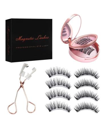 Reusable Magnetic Eyelashes Dual 3D Magnetic Lashes without Eyeliner Natural Look False Eyelashes Extension Kit with Applicator Tweezers No Glue 4 Pairs 3.84 Ounce pink&black