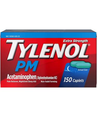 Tylenol PM Extra Strength Caplets 500 mg Acetaminophen + 25 mg Diphenhydramine HCl - 150 ct | Nighttime Pain Reliever & Sleep Aid - Buy Online on GoSupps.com