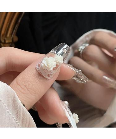 MENILITHS French White Diamond Pearl Mountain Camellia Bridal Wedding Dress Nail Art False Nails Acrylic Fake Nails Full Cover Nails Tips Artificial Finger Manicure for Women and Girls - Buy Online on GoSupps.com