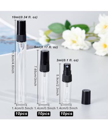BENECREAT Mini Glass Spray Bottles Set - 30 Pieces (3ml/5ml/10ml) with Funnel & Pipettes - Perfect for Perfumes & Cosmetics - Fine Fog Atomizers (Black Cap) - Buy Online on GoSupps.com