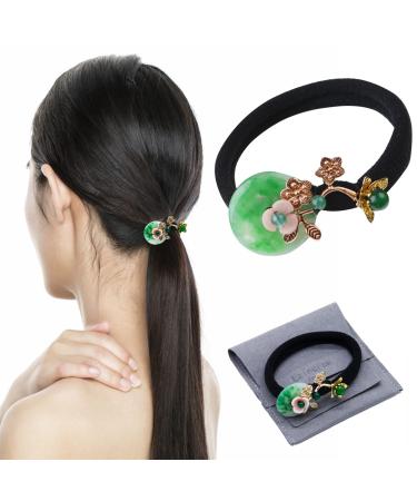 Vintage Chinese Natural Jade Gemstone Hair Tie  Retro Chinese Hair Accessories for Women  Flower Hair Elastic Rope  Emerald Pearl Ponytail Holder  Green Chalcedony Donut Jewelry for Chinese Traditional Dress