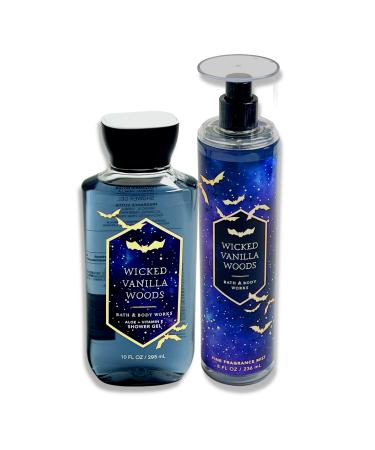 Bath & Body Works Wicked Vanilla Woods - 2 pc bundle - Fine Fragrance Mist 8oz - Shower Gel Aloe and Vitamin E 10oz - 2022 Halloween Edition