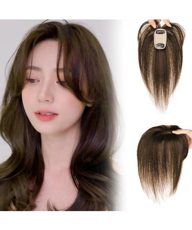 Hair Topper With Bangs 9.8 Inch Long Human Hair Toppers Women Silk Base Clip In Hair Extensions Natural Looking Hairpiece for Daily Use Natural (Brown) - Buy Online on GoSupps.com