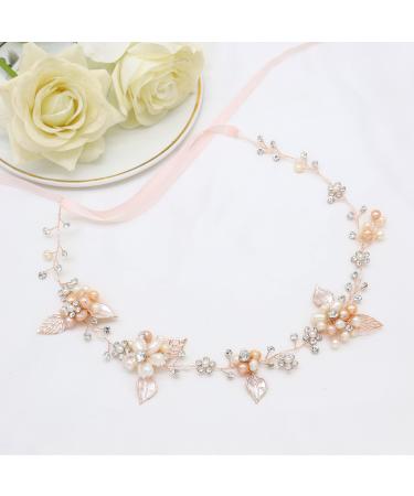 Oriamour Bridal Crystal Headband with Freshwater Pearls Flower Design Wedding Hair Accessories (Rose Gold)