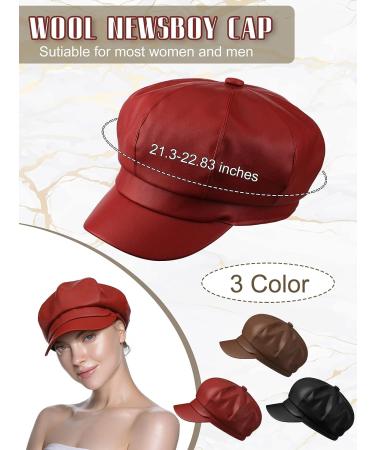 3 Pcs Women Newsboy Hats PU Leather Visor Beret Cabbie Hat Set - Vintage Faux Leather Baker Boy Hat in Khaki, Red, and Black - Buy Online on GoSupps.com