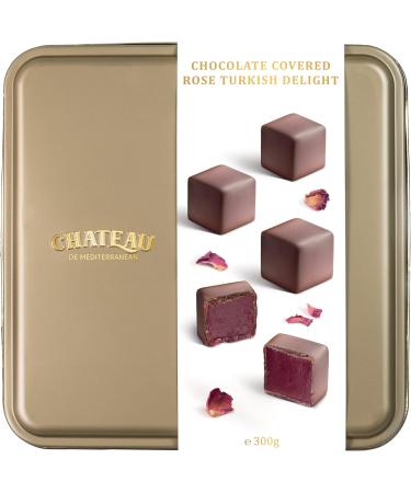 Rose Turkish Delight Lokum Covered with Chocolate In Gift Box Tin 300g 16 pieces Chateau de Mediterranean - Buy Online on GoSupps.com