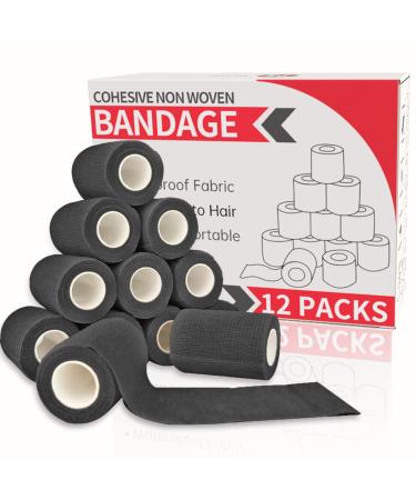 (12 Pack 3 x 5 Yards) M Mysbo Self Adhesive Bandage Wrap Cohesive Elastic First Aid Medical Tape for Sports Stretch Athletic Tape Non-Woven Vet Wrap Black