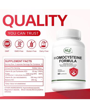 HUJ Homocysteine Formula Supplement - with B2 B12 Folate & Betaine HCl - for Homocysteine Metabolism & Methylation Support*- 60 Capsules - Buy Online on GoSupps.com