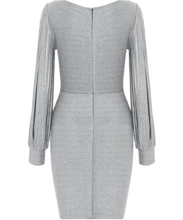 Elegant Silver Party Dress for Women | V-Neck 3/4 Hollow Sleeves | Formal Cocktail Dress XL - Buy Online on GoSupps.com