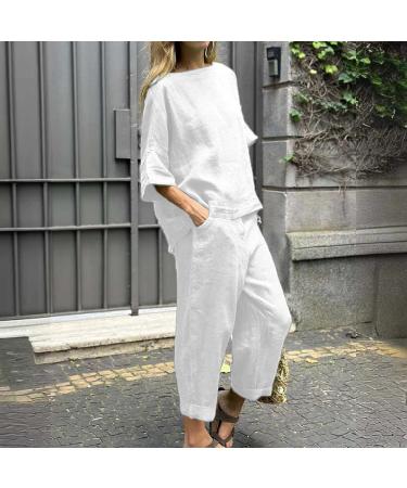 Bijerou Women's 2-Part Set - Casual Cotton Linen Top & Pants Circular Neckline White Wedding Outfit in 4XL - Buy Online on GoSupps.com