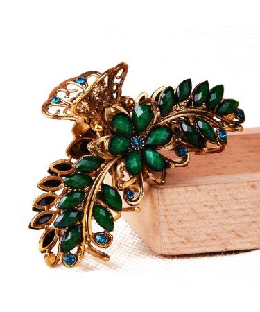 Large Metal Rhinestone Alloy Hair Claw Jaw Clip Retro Flowers Hair Clip Fancy Hair Barrette Clamp for Women and Girls Thick Hair (Green)