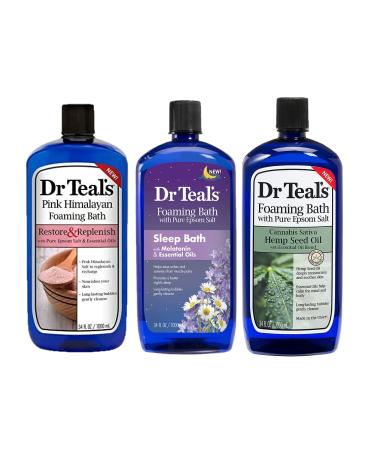 Dr Teal's Foaming Bath Combo (3 Pack 102 fl oz) - Pink Himalayan Sleep Melatonin and Hemp Seed Oil Foaming Baths - Three Pack Variety of Epsom Salt Bubble Bath
