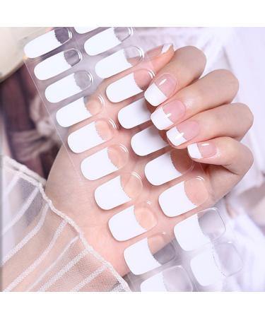 Semi Cured Gel Nails Strips French Style Nail Wraps Soft Self-Adhesive Gel Nail Stickers Long Lasting Gel Nail Strips for Nails French Tip Manicure - UV/LED Lamp Required Silver Edge White French