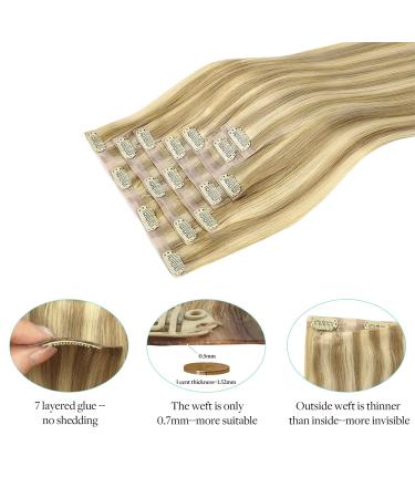 Clip In Extensions Real Hair - Light Blonde Highlights Gold Blonde 40cm 16 Inch - 110g Seamless 7 Pieces PU Human Hair Extensions - Buy Online on GoSupps.com