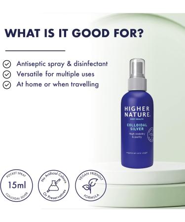 Higher Nature Colloidal Silver 15ml - Antiseptic & Disinfectant - High-Grade Silver - Gluten Free - Vegetarian & Vegan - Purified Water - Pack of 1 - Buy Online on GoSupps.com