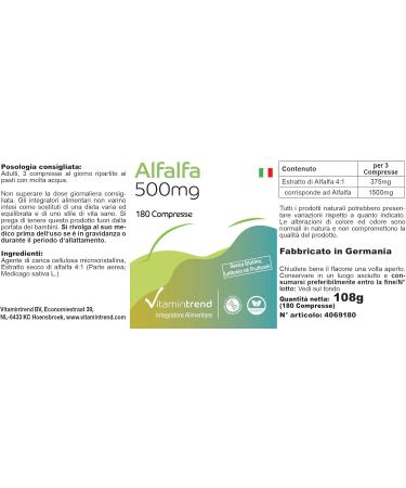 Alfalfa 500mg - 3-Month Supply | 180 Tablets | High-Dose Vegan Bioavailable Supplements from Germany | Vitamin Trend - Buy Online on GoSupps.com