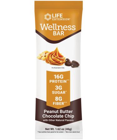Life Extension Wellness Bar (Peanut Butter Chocolate Chip) 16 g of Protein 8 g of Fiber 3 g of Sugar Cacao Chocolate Chips Whey Protein Isolate Blend Snack Bars Gluten-Free Individually