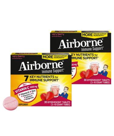Airborne 1000mg Vitamin C with Vitamin D + Zinc Sugar Free Multivitamin Immune Support Effervescent Fizzy Drink Tablets Very Berry Flavor with Powerful Antioxidants VIT A C & E 30 Tablets (2 Pack)