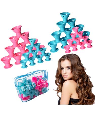 40 Pcs Magic Hair Rollers, Smilco Silicone Hair Curlers Set Including 20 Large and 20 Small for Women Girls (Pink&Blue)